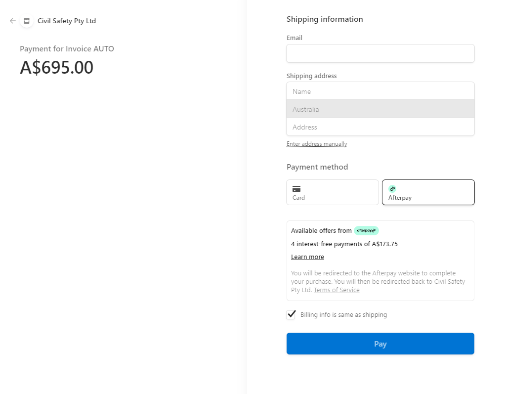 Afterpay form